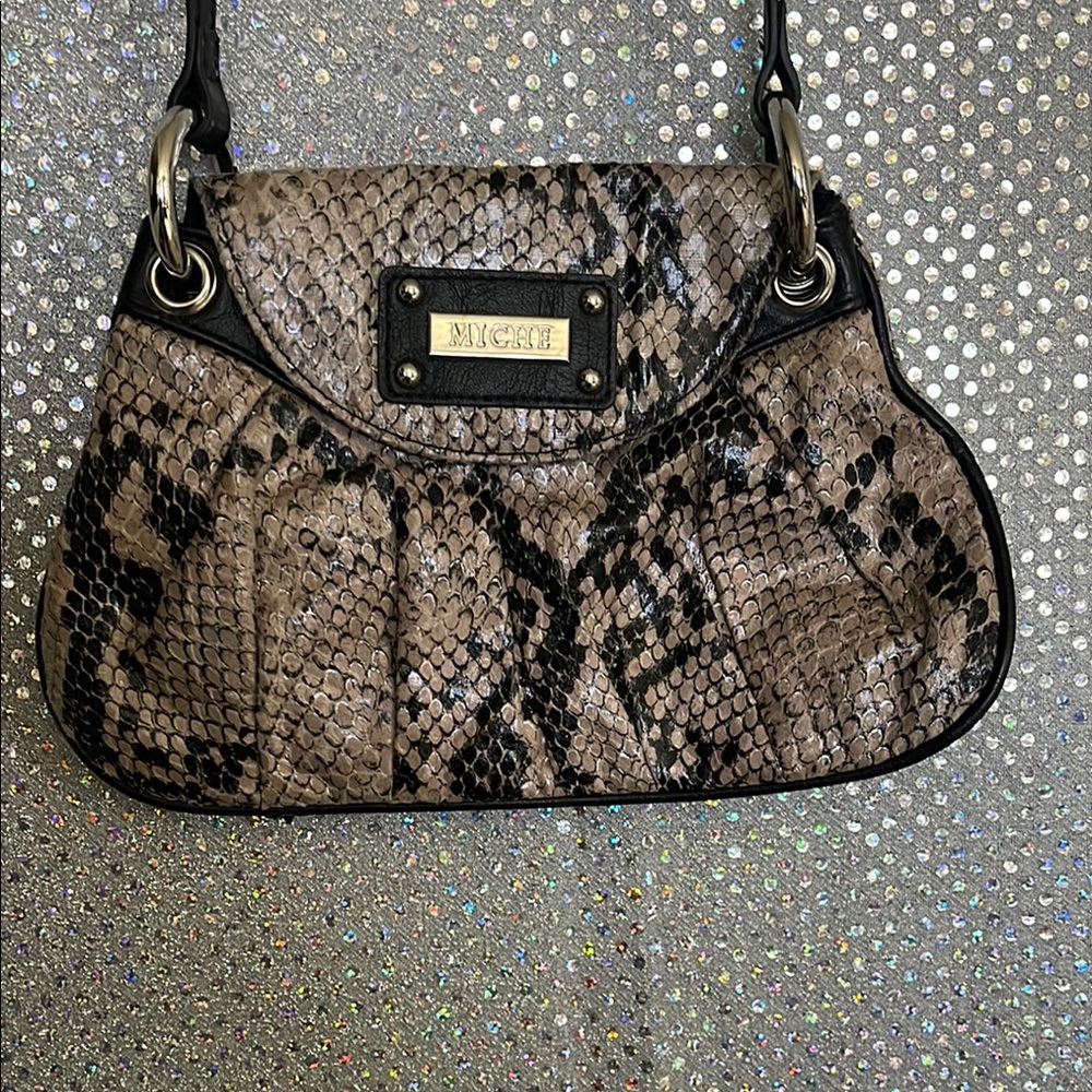 MICHELE Snake Print Shoulder Bag - Black and Brown
